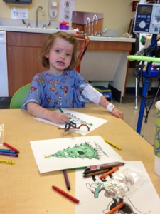 Coloring Christmas trees in the hospital.